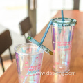 Laser paper printed double plastic cup magic color cup with lid and straw